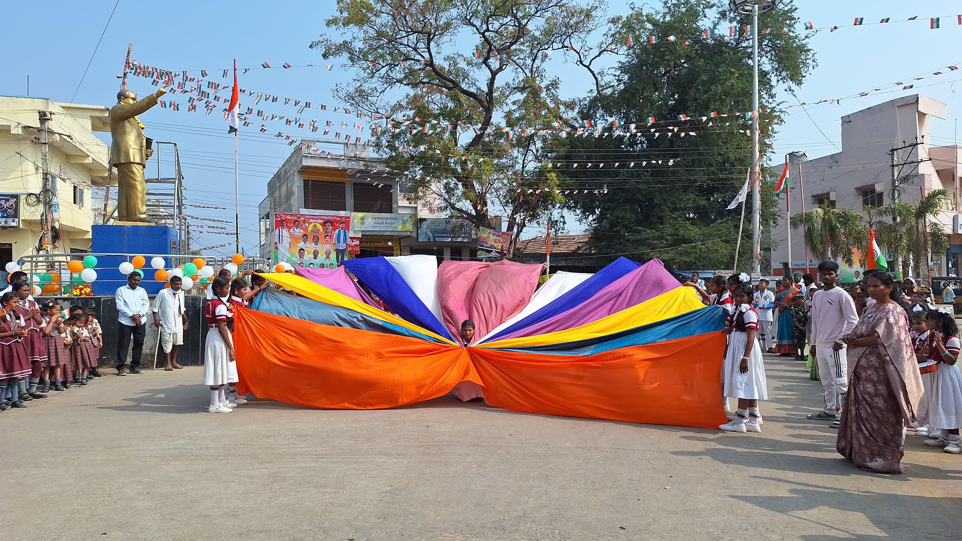 Students performing a coordinated outdoor school activity